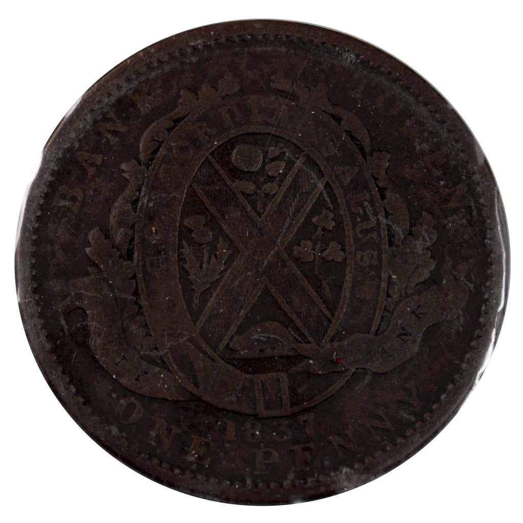 LC-9A2 1837 Lower Canada, City Bank Penny Token G-VG (G6)