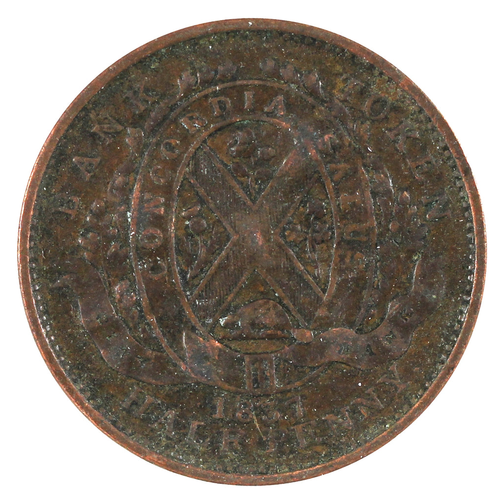 LC-8A1 1837 Lower Canada City Bank Stamped 4s & 7s Half Penny Token Very Fine (VF20)