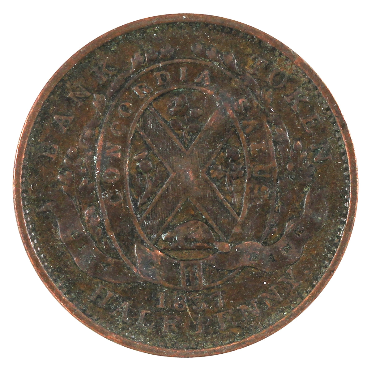 LC-8A1 1837 Lower Canada City Bank Stamped 4s & 7s Half Penny Token Very Fine (VF20)