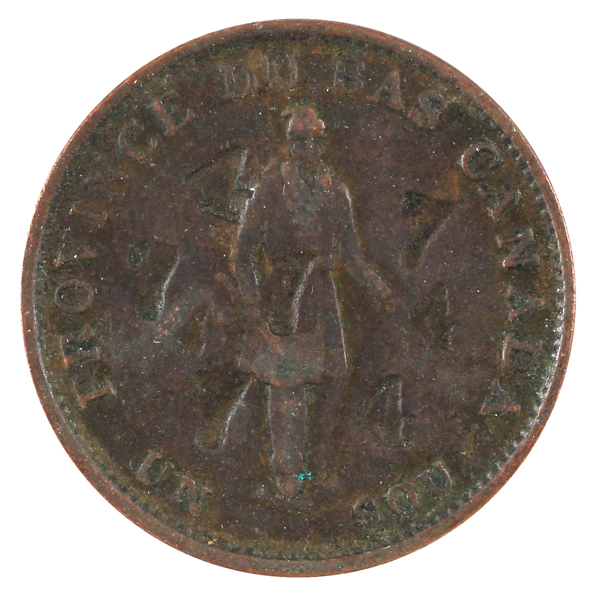 LC-8A1 1837 Lower Canada City Bank Stamped 4s & 7s Half Penny Token Very Fine (VF20)