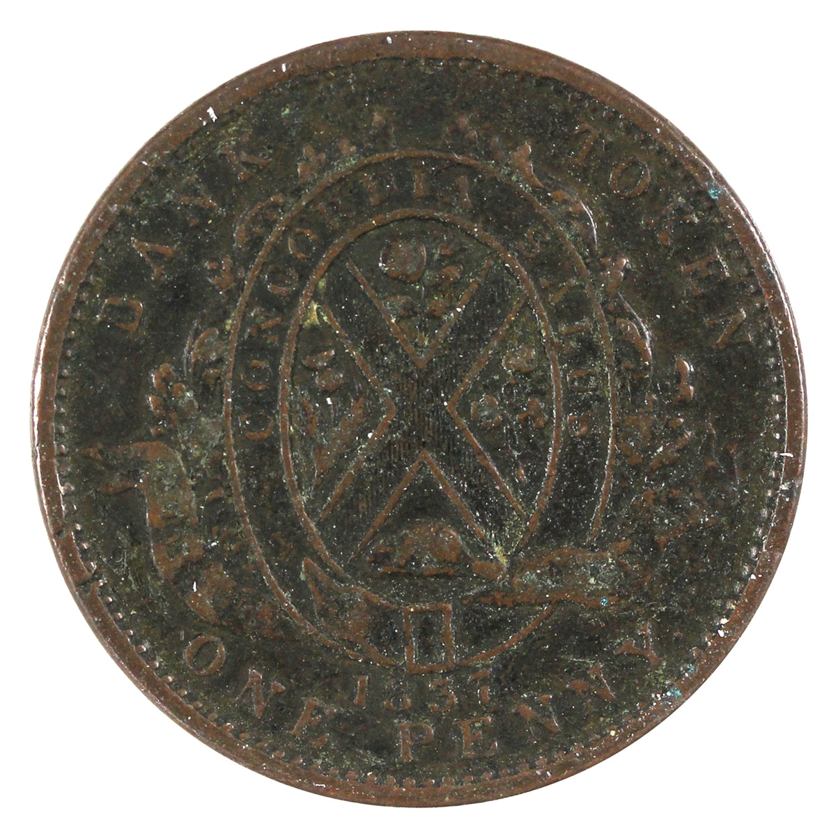 LC-9D2 1837 Lower Canada Bank of Montreal One Penny Token Fine (F12)