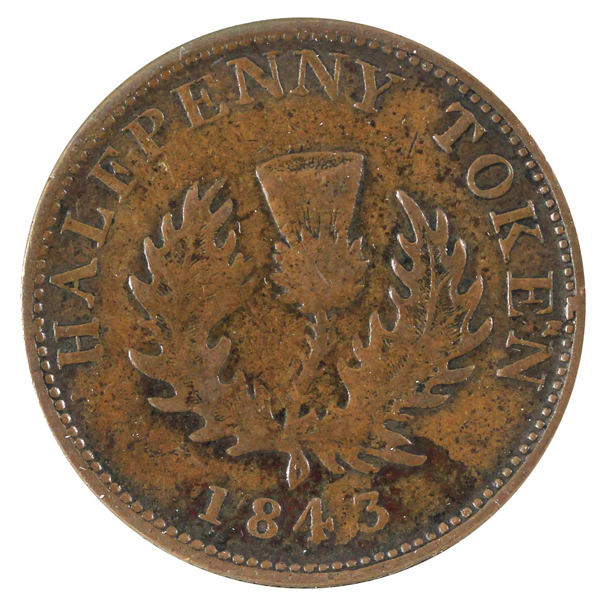 NS-1F5 1843 Nova Scotia Victoria Thistle Half Penny Token Fine (F12)