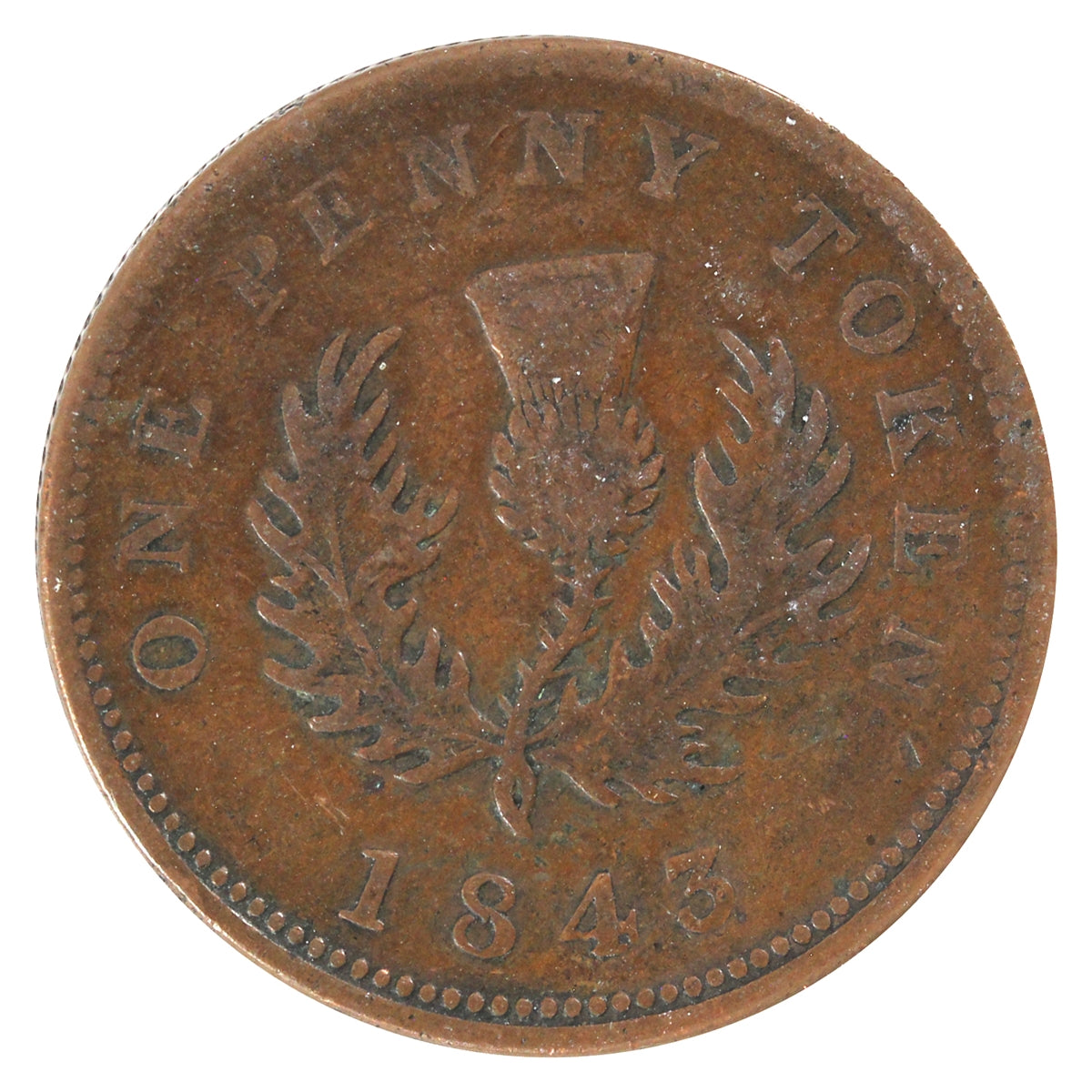 NS-2D1 1843 Nova Scotia Victoria Thistle Penny Token F-VF (F15)