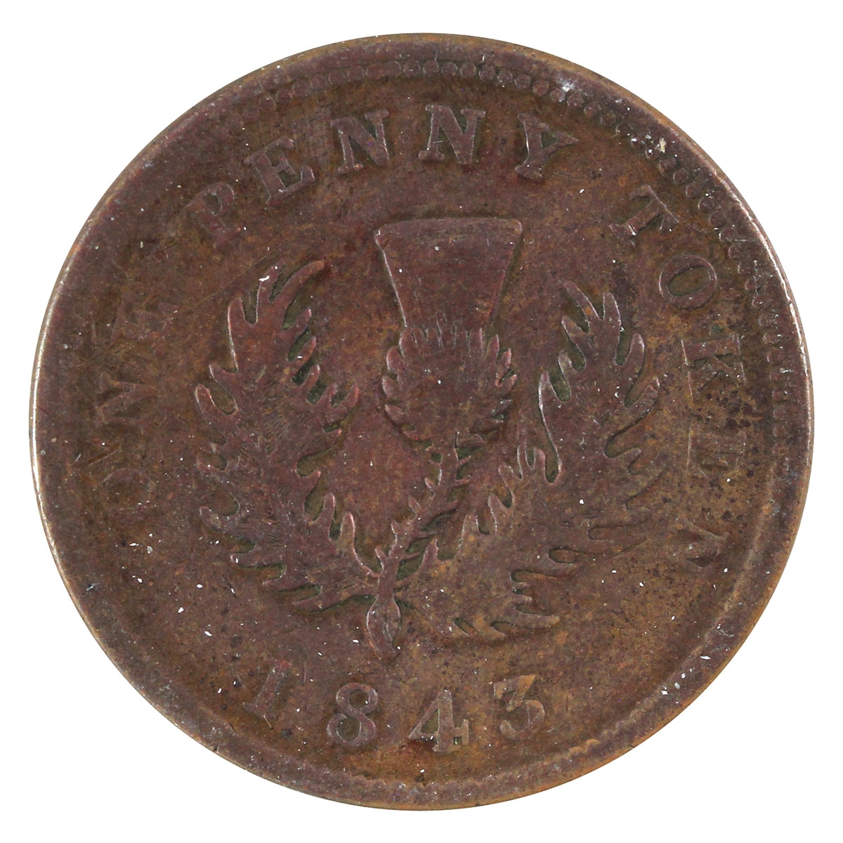 NS-2D1 1843 Nova Scotia Victoria Thistle Penny Token Fine (F12)
