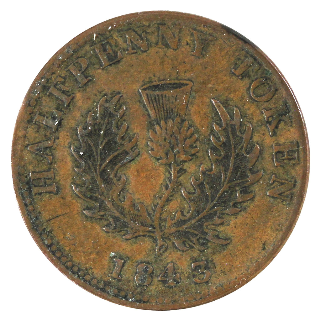 NS-1F3 1843 Nova Scotia Victoria Thistle Half Penny Token Very Fine (VF20) $