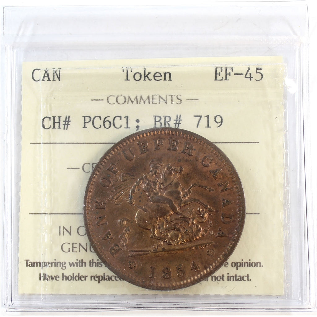 PC-6C1 1854 Province of Canada, Bank of Upper Canada Penny Token ICCS Certified EF45