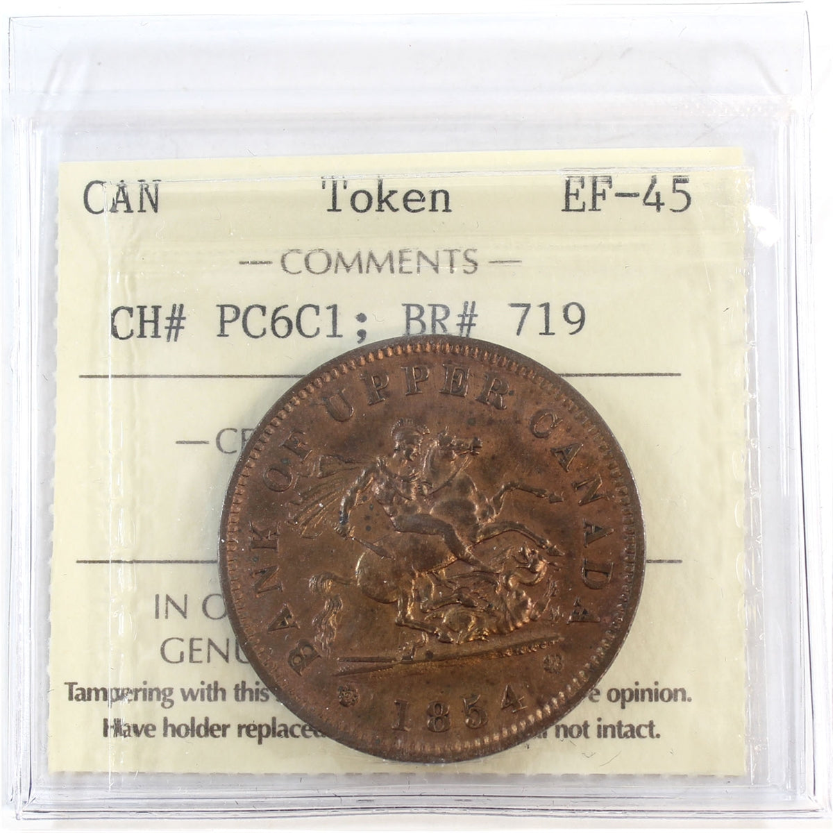 PC-6C1 1854 Province of Canada, Bank of Upper Canada Penny Token ICCS Certified EF45