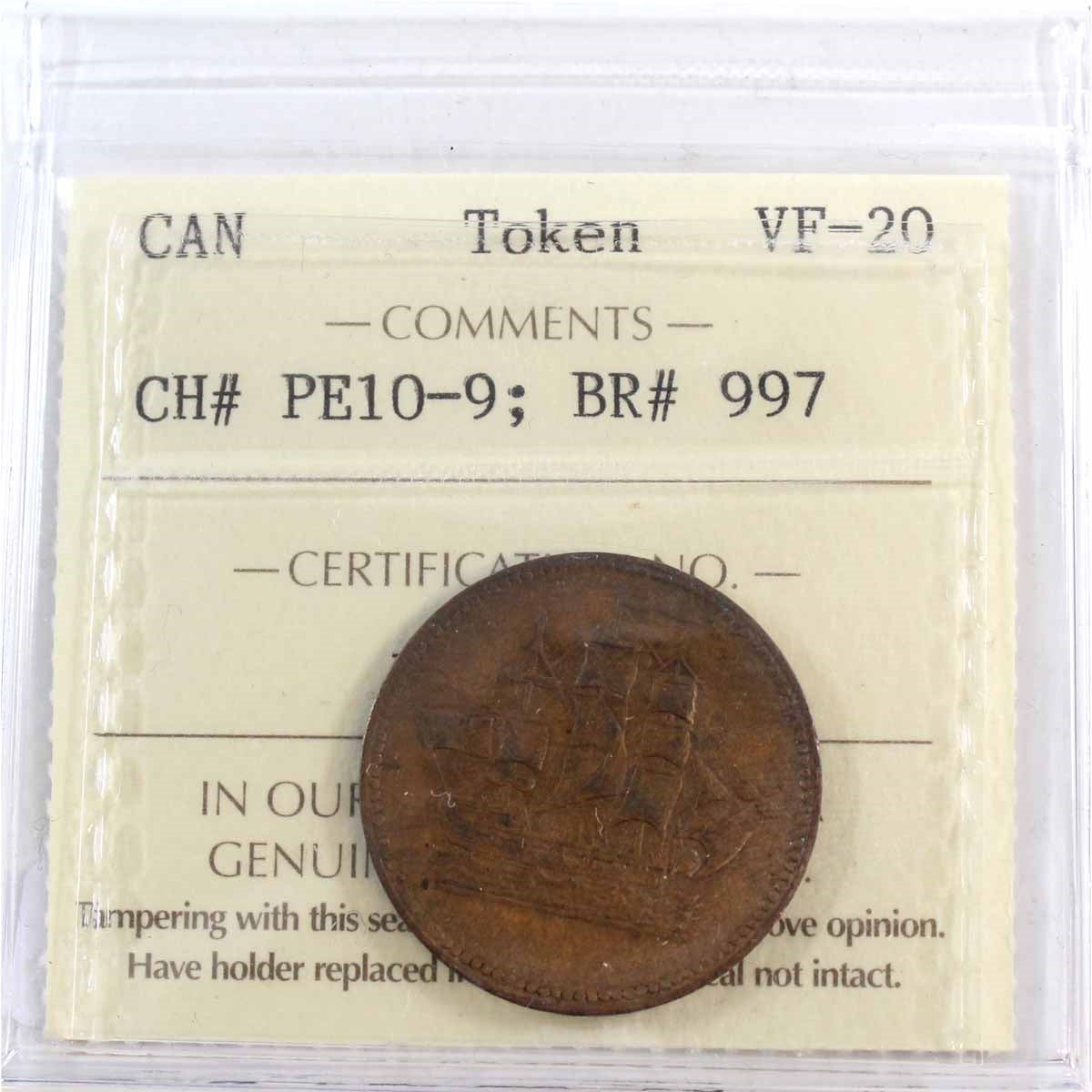PE-10-9 No Date PEI Ships Colonies & Commerce Token ICCS Cert VF20 BR# 997