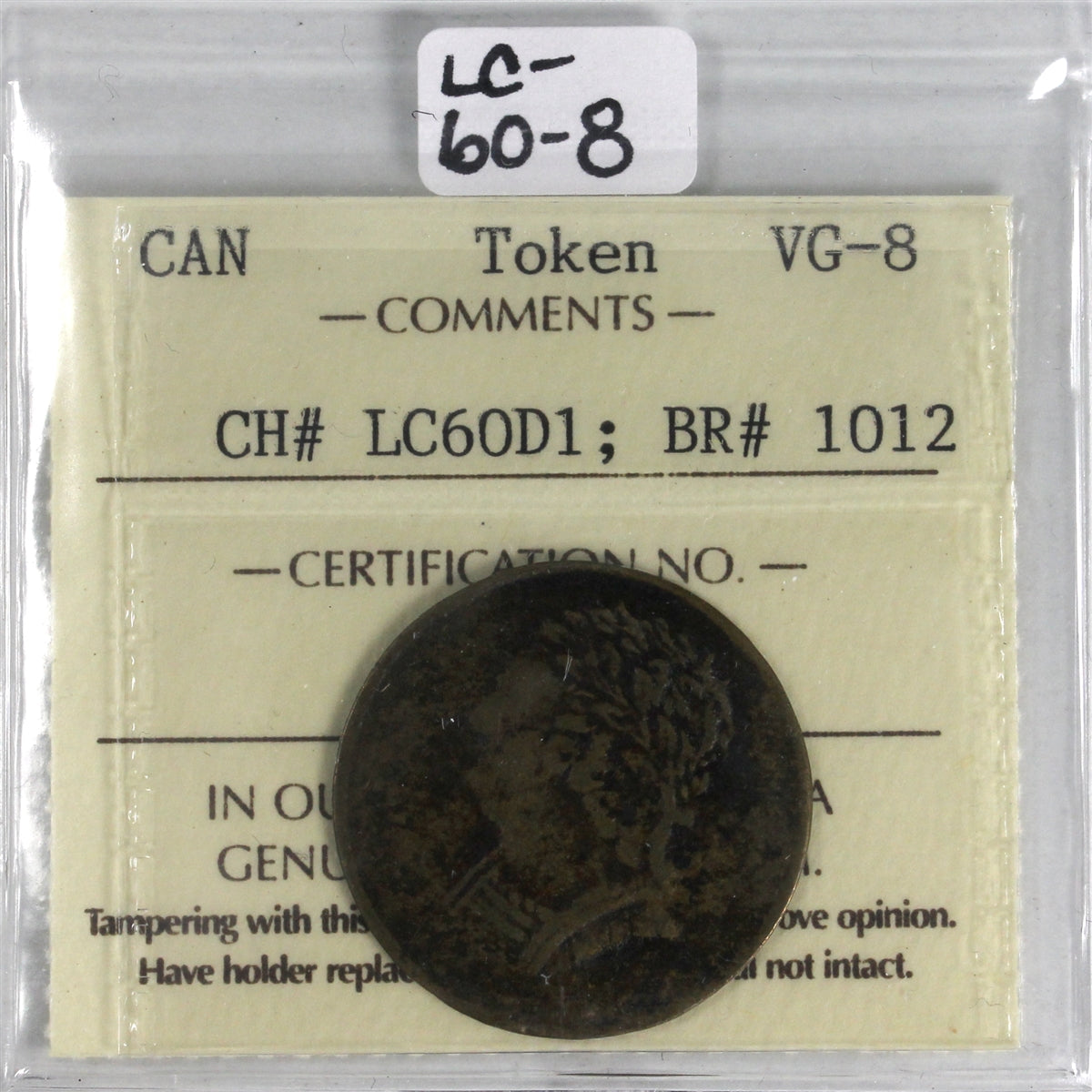LC-60-8 1820 Lower Canada Shamrock at Left Bust & Harp Token ICCS Certified VG8 LC-60D1