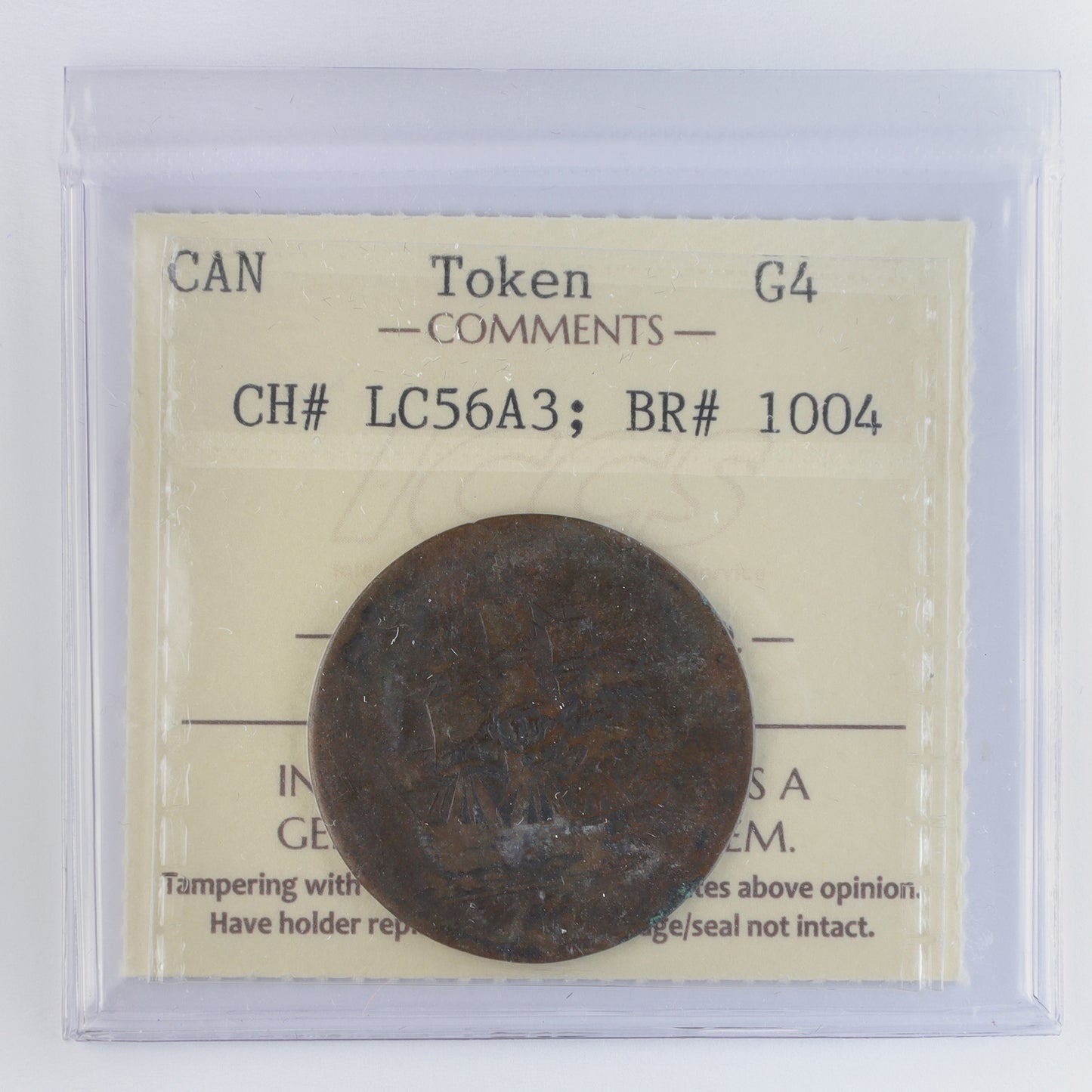 LC-56A3 1812 Lower Canada Sailing Ship Half Penny Token ICCS Certified G4 BR #1004