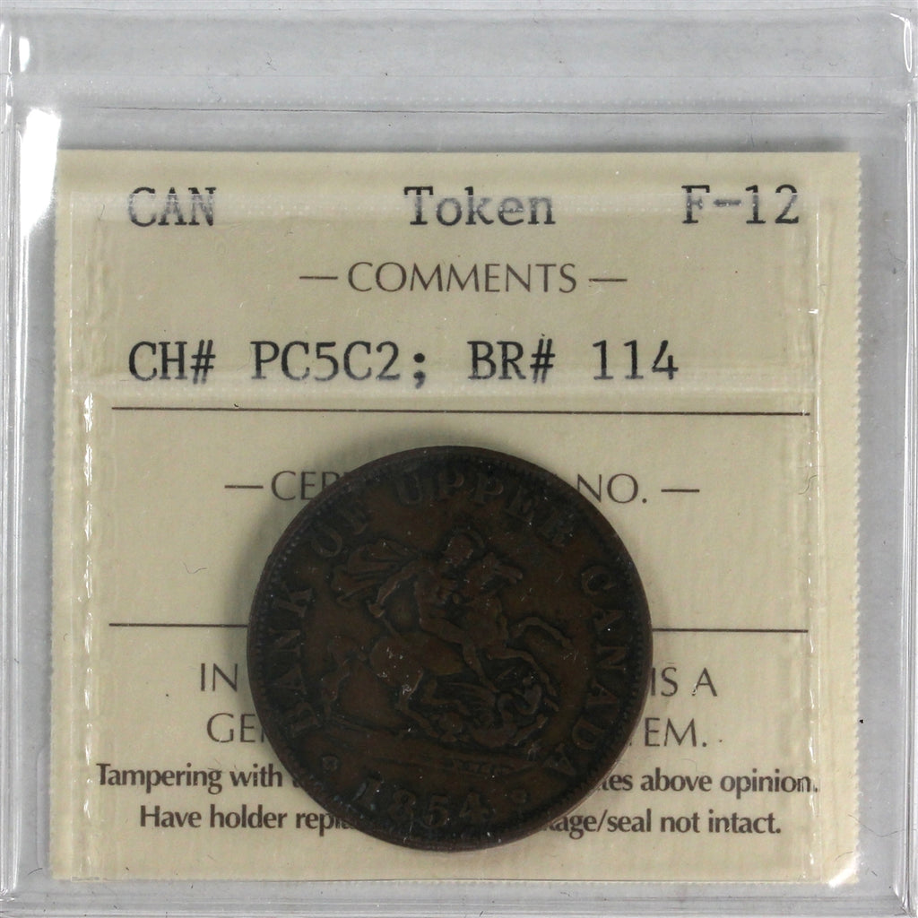 PC-5C2 1854 Province of Canada Bank of Upper Canada Halfpenny Token ICCS Certified F12