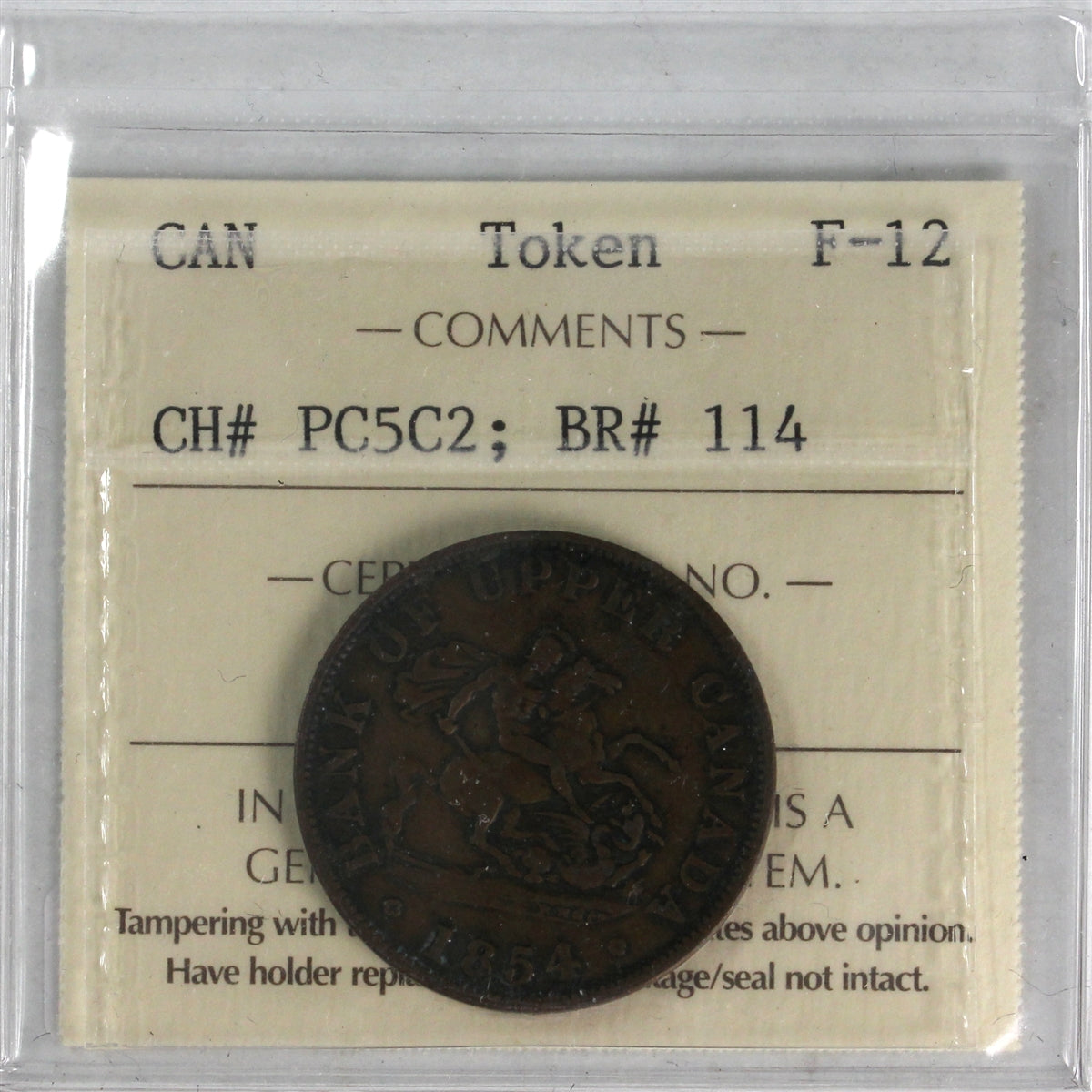 PC-5C2 1854 Province of Canada Bank of Upper Canada Halfpenny Token ICCS Certified F12