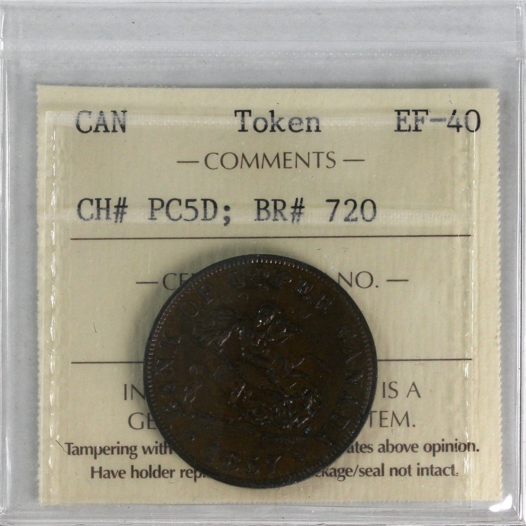 PC-5D 1857 Province of Canada Bank of Upper Canada Halfpenny Token ICCS Certified EF40
