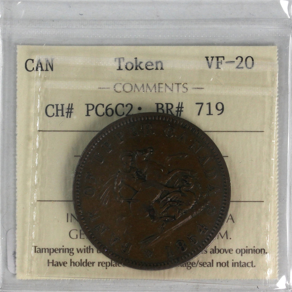 PC-6C2 1854 Province of Canada Bank of Upper Canada Penny Token ICCS Certified VF20