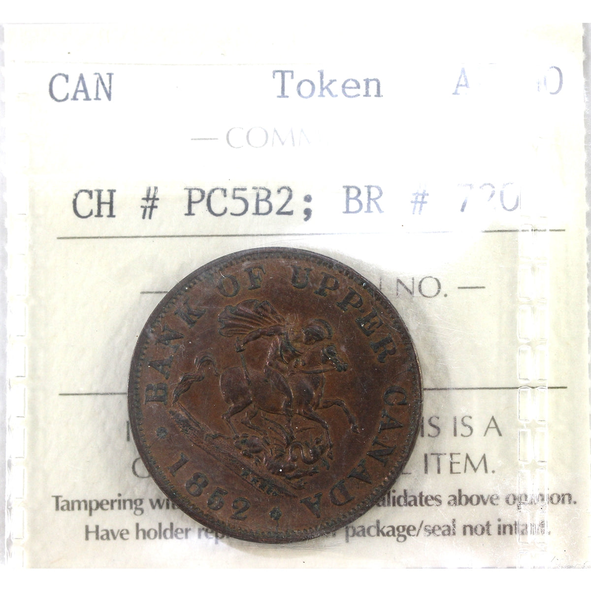 PC-5B2 1852 Province of Canada Half Penny Token ICCS Certified AU50 BR# 720