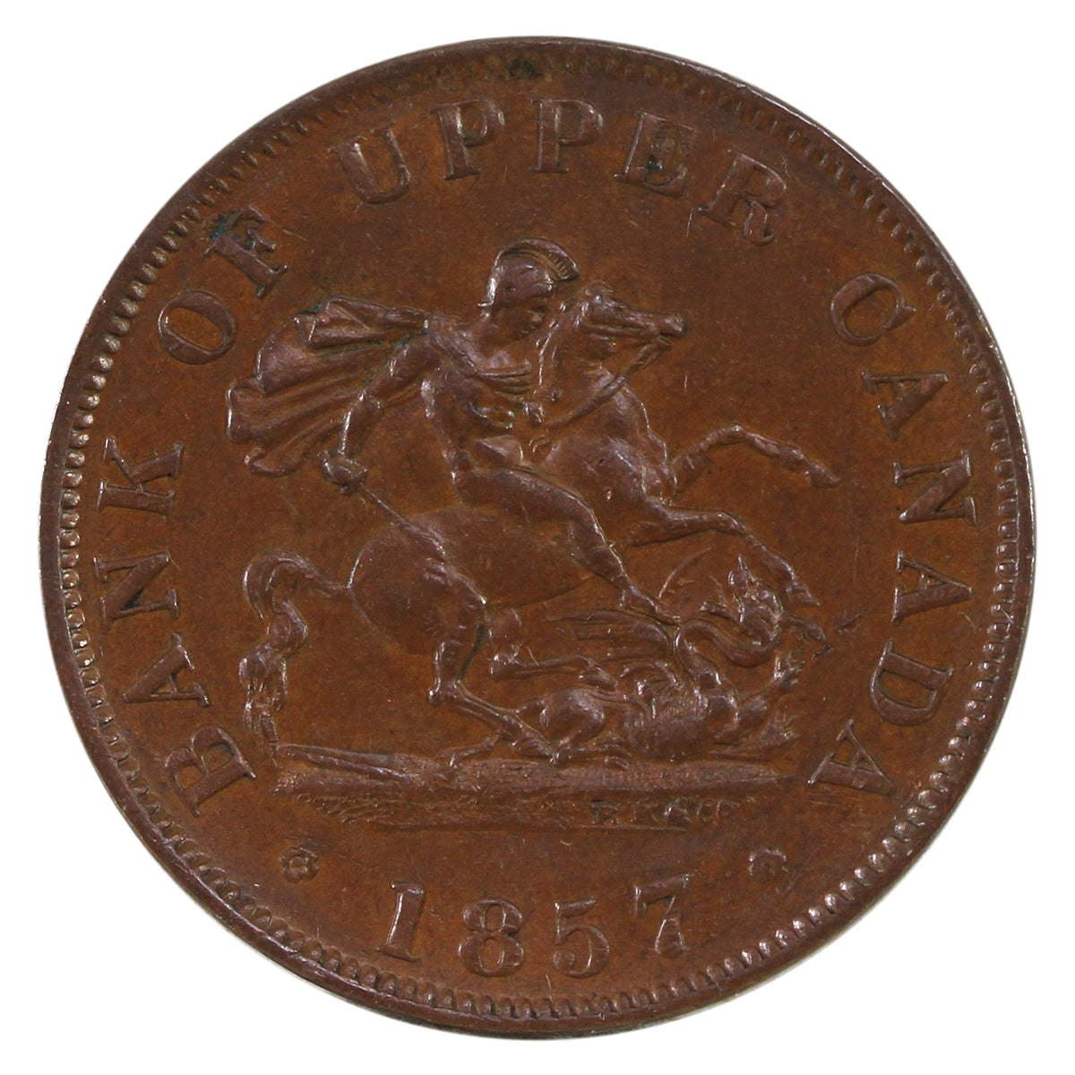 PC-5D Off Centre Strike 1857 Bank of Upper Canada Half Penny Token AU-UNC (AU55) $