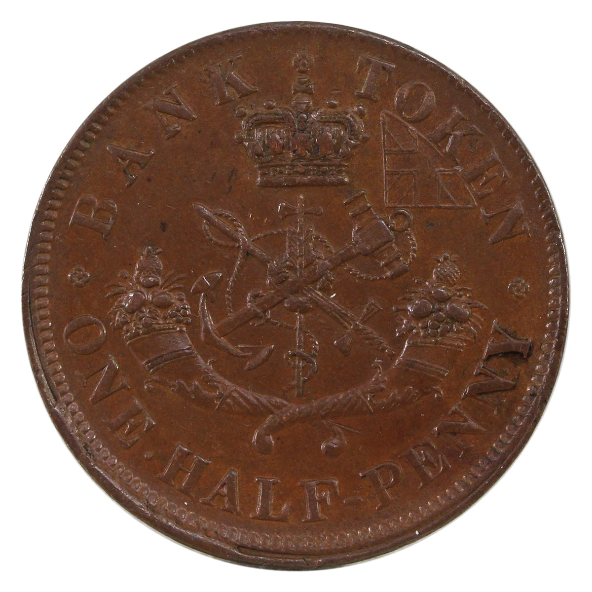 PC-5D Off Centre Strike 1857 Bank of Upper Canada Half Penny Token AU-UNC (AU55) $