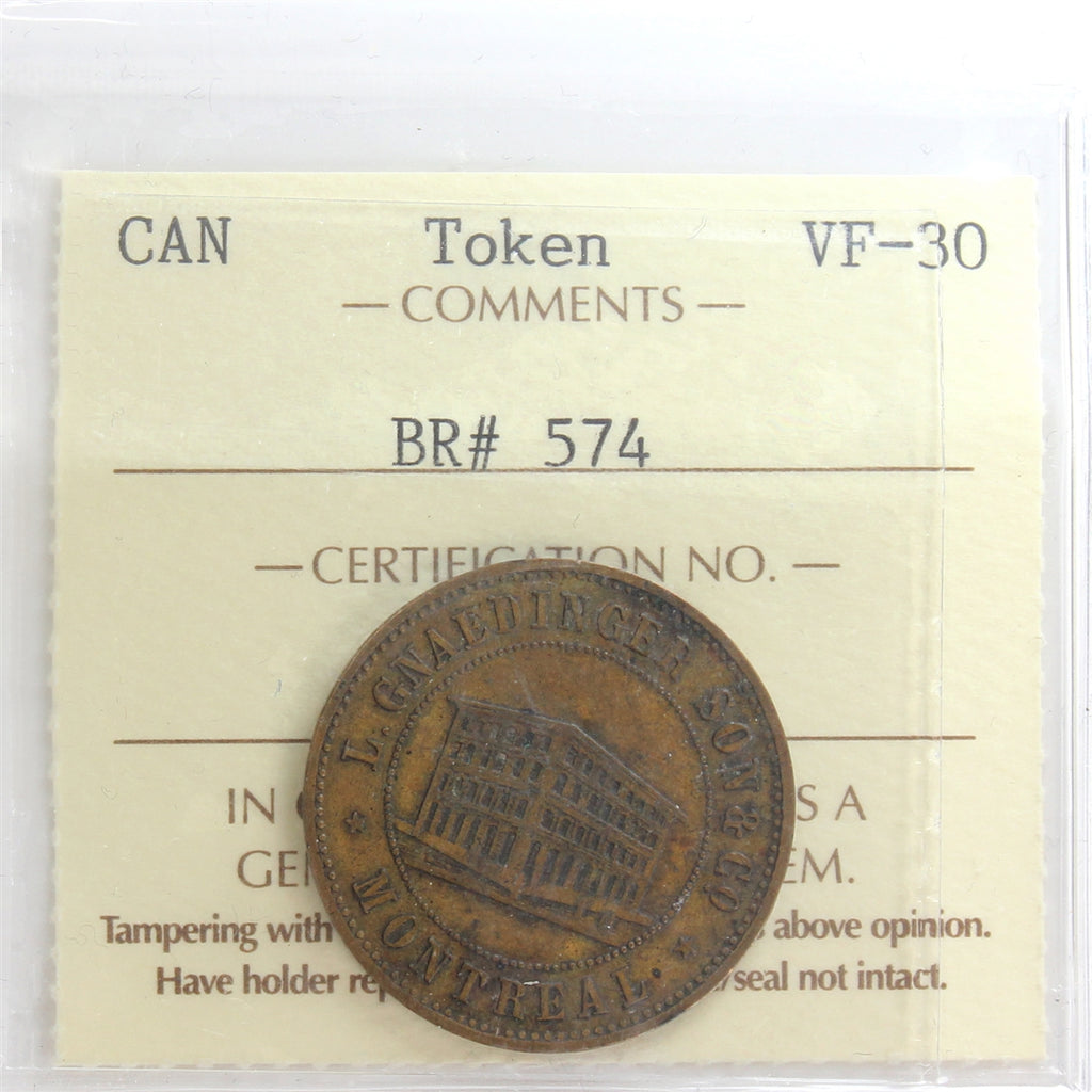 BR #574 1852 Gnaedinger Son & Co. Montreal Token ICCS Certified VF30