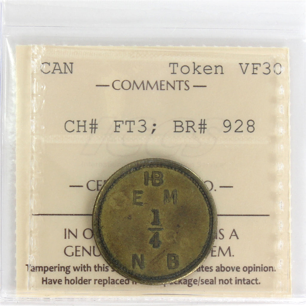 FT-3 (1857) Hudson's Bay Fur Trade 1/4 Made Beaver Token ICCS Certified VF30 BR #928