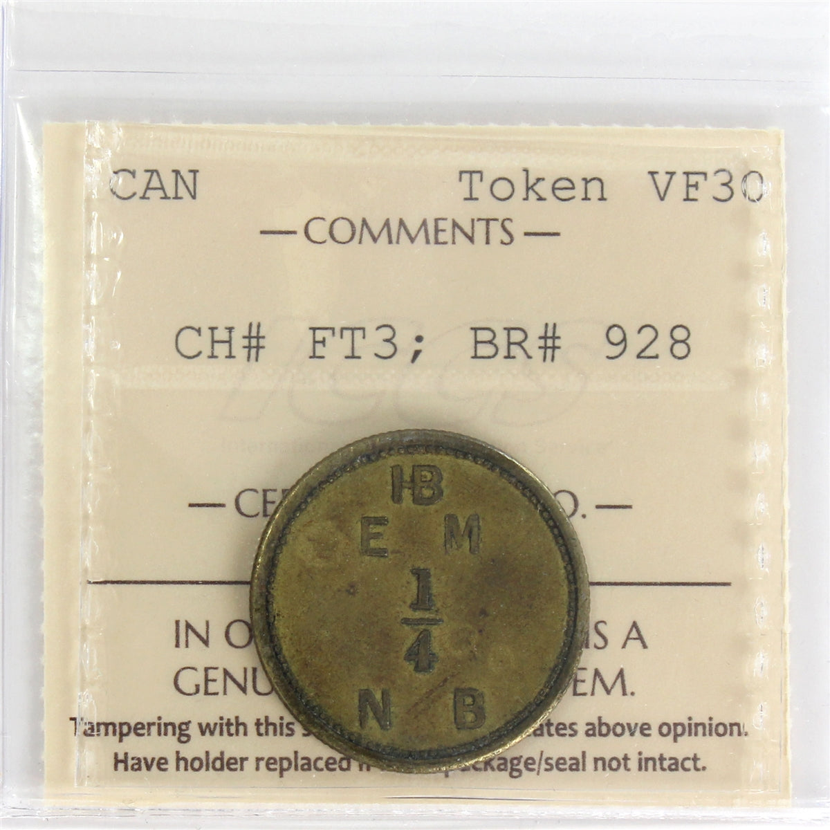 FT-3 (1857) Hudson's Bay Fur Trade 1/4 Made Beaver Token ICCS Certified VF30 BR #928