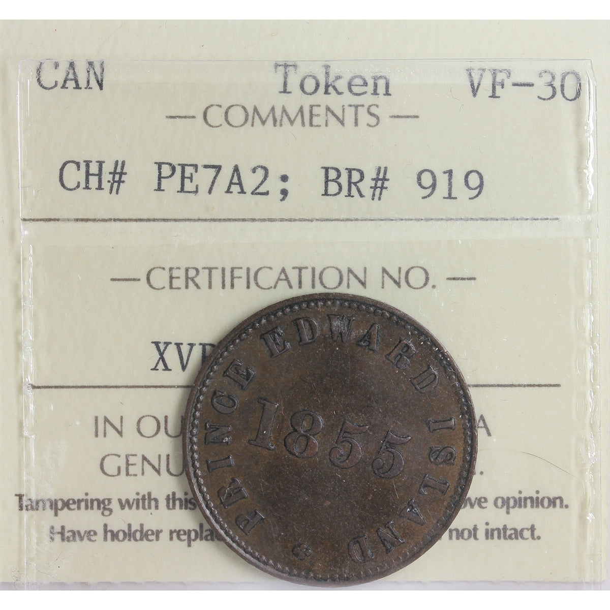 PE-7A2 1855 PEI Self Government & Free Trade Token ICCS Certified VF30