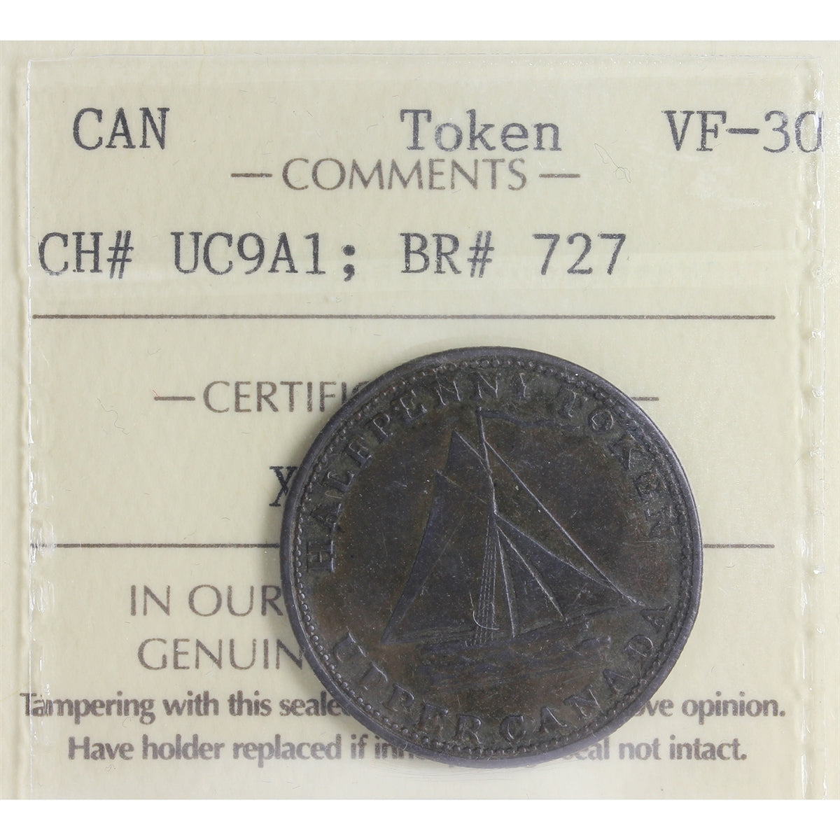 UC-9A1 1820 Upper Canada Commercial Change Half Penny Token ICCS Certified VF30
