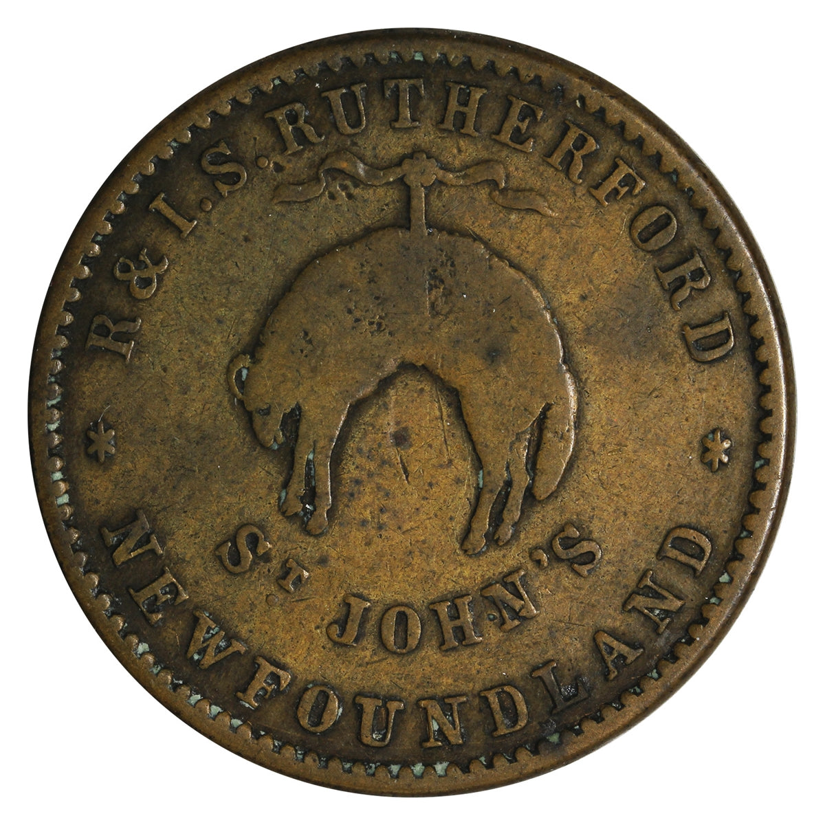 NF-1B2 1841 Newfoundland R & I.S. Rutherford Halfpenny Token F-VF (F15) $