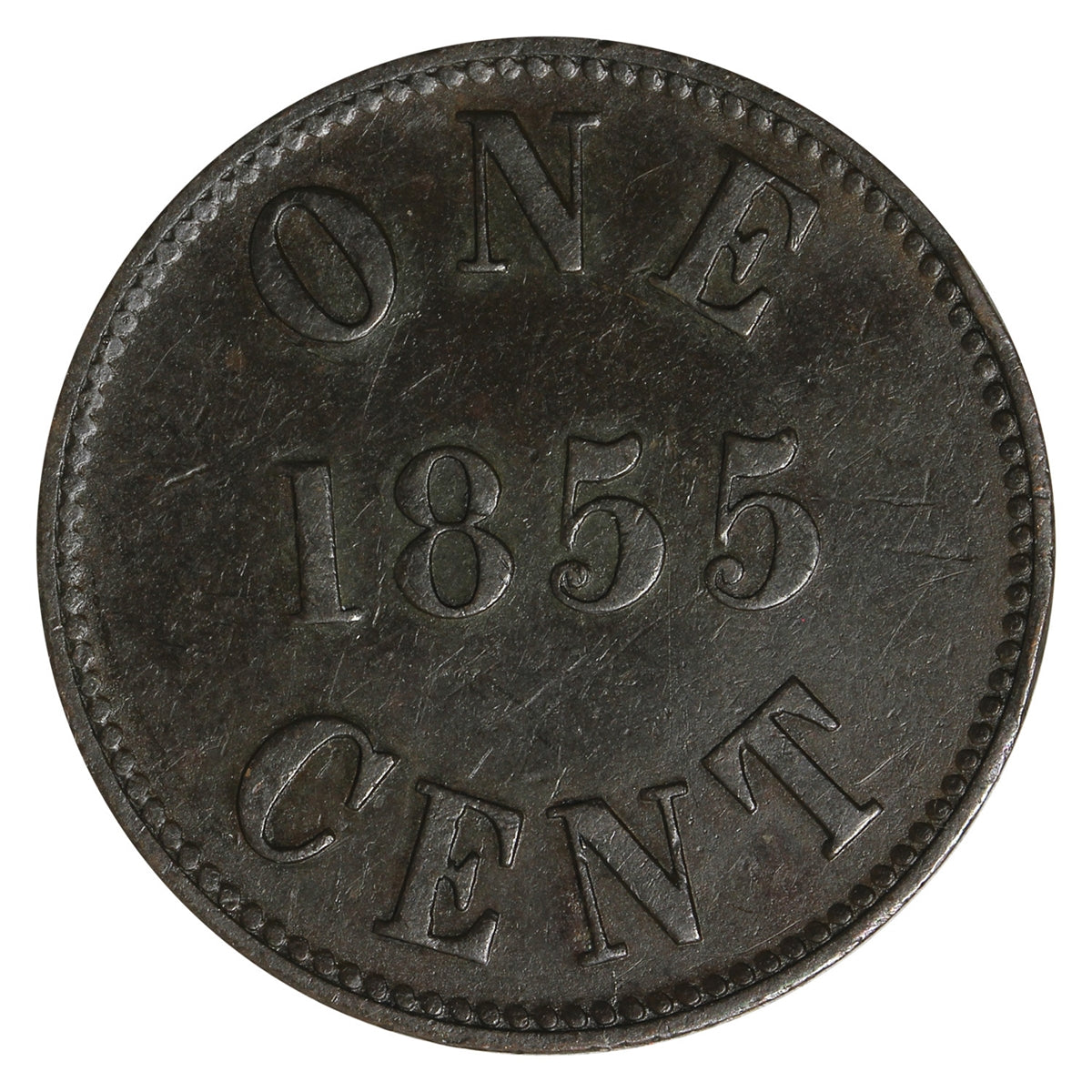 PE-6A1 1855 PEI Fisheries and Agriculture One Cent Token Extra Fine (EF40)