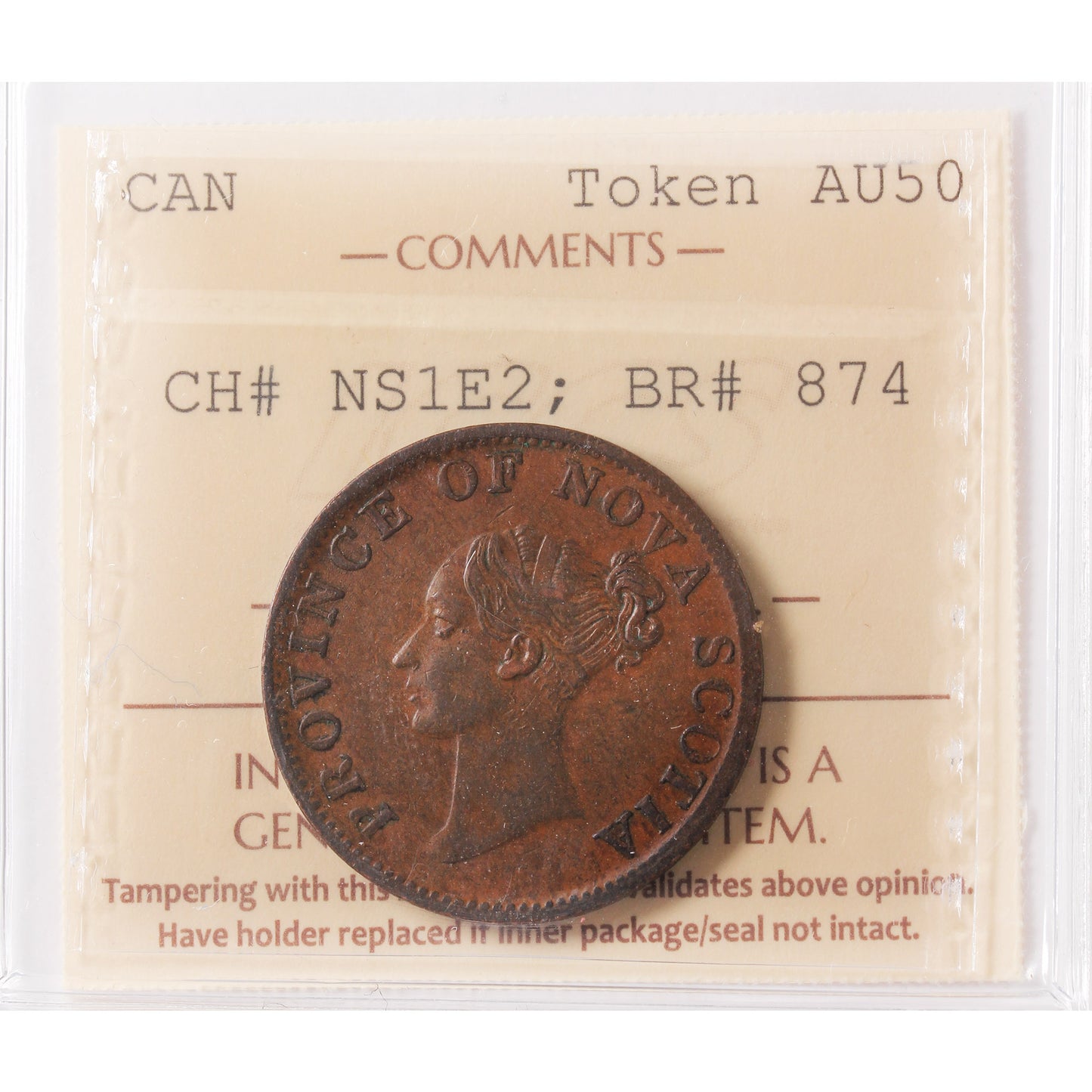 NS-1E2 1840 Nova Scotia Victoria Thistle Half Penny Token ICCS Certified AU-50 BR #874
