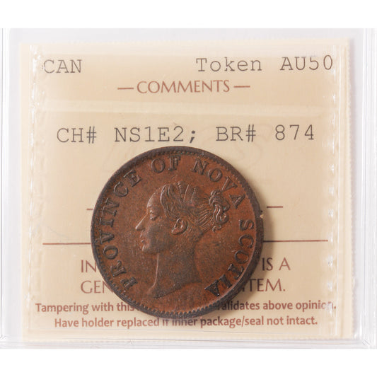 NS-1E2 1840 Nova Scotia Victoria Thistle Half Penny Token ICCS Certified AU-50 BR #874