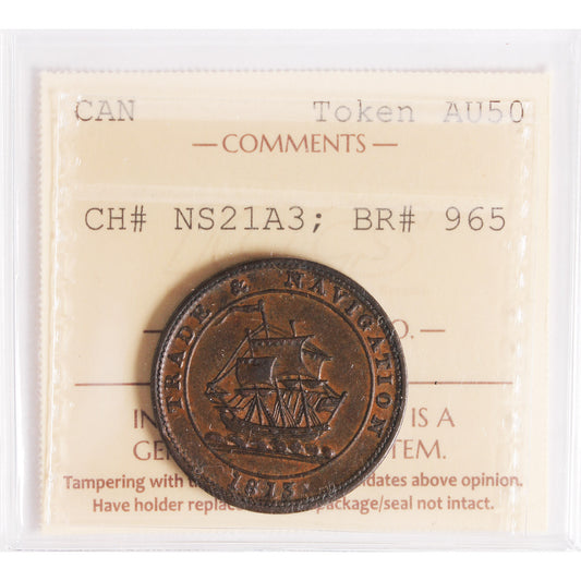 NS-21A3 1813 Nova Scotia Trade & Navigation Half Penny Token ICCS Certified AU-50
