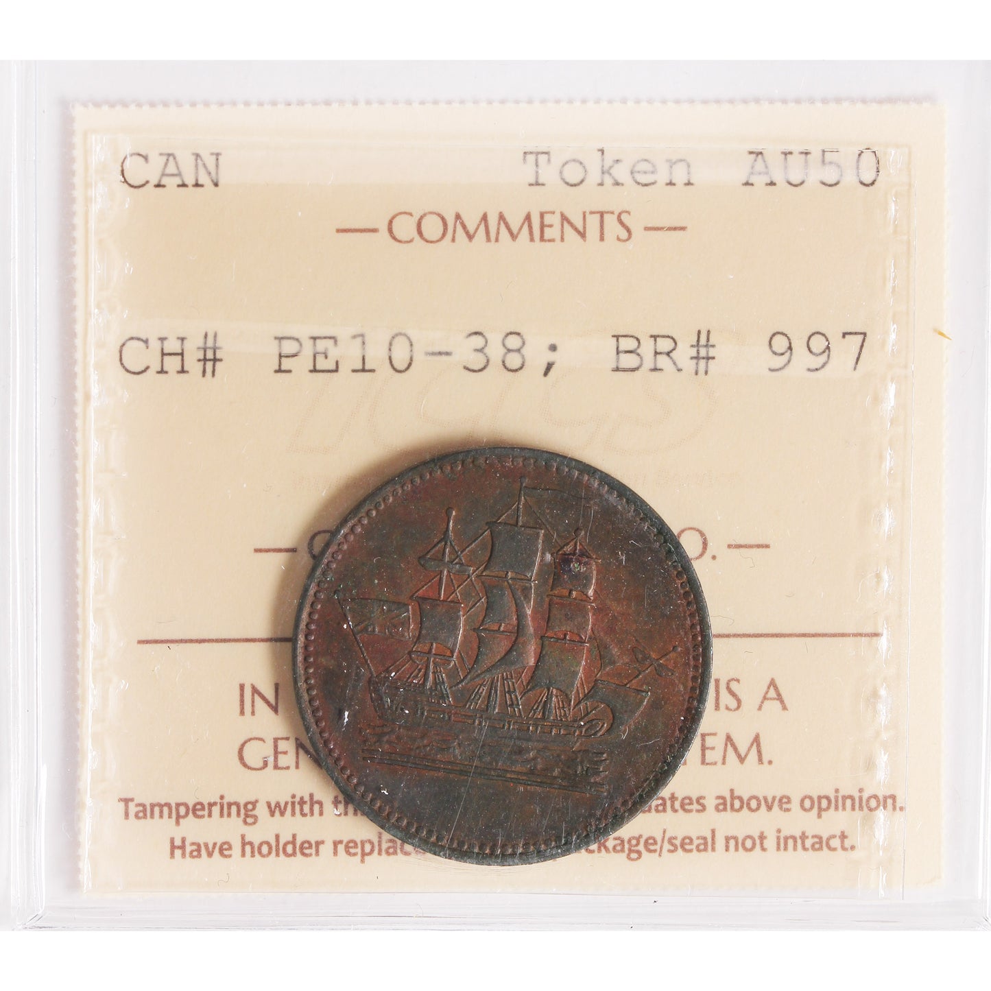 PE-10-38 No Date PEI Ships Colonies & Commerce Token ICCS Certified AU-50 BR #997