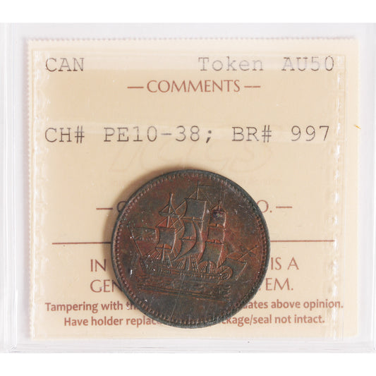 PE-10-38 No Date PEI Ships Colonies & Commerce Token ICCS Certified AU-50 BR #997