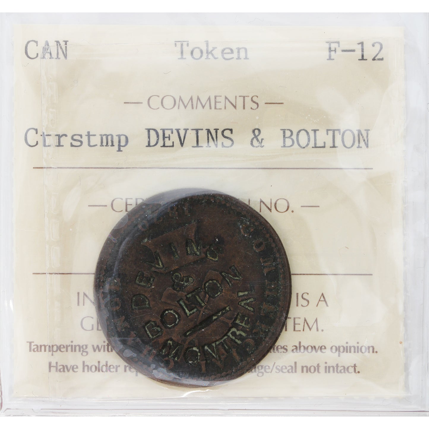 Devins & Bolton Counterstamp Over UC-9A 1820 UC Commercial Change Token ICCS Cert. F12