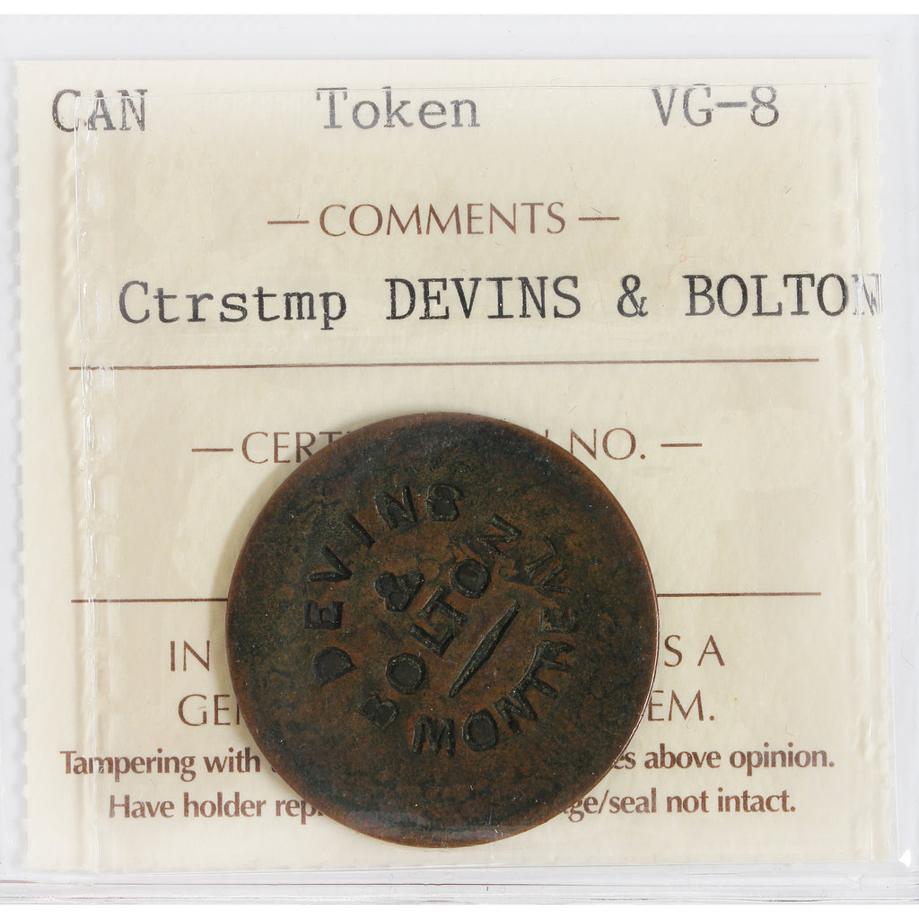 Devins & Bolton Counterstamp Over LC-48 1812 Lower Canada Tiffin Token ICCS Certified VG8
