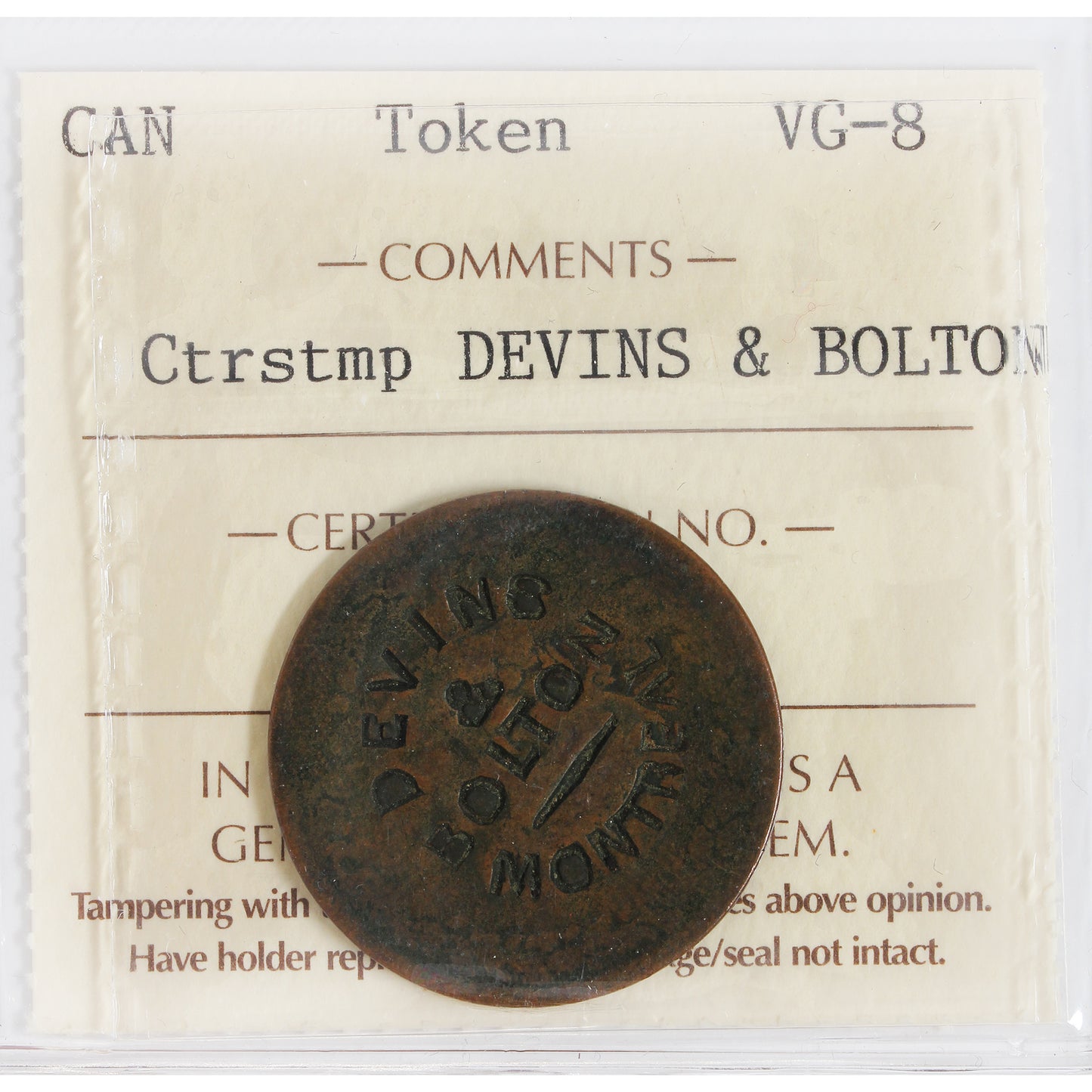 Devins & Bolton Counterstamp Over LC-48 1812 Lower Canada Tiffin Token ICCS Certified VG8