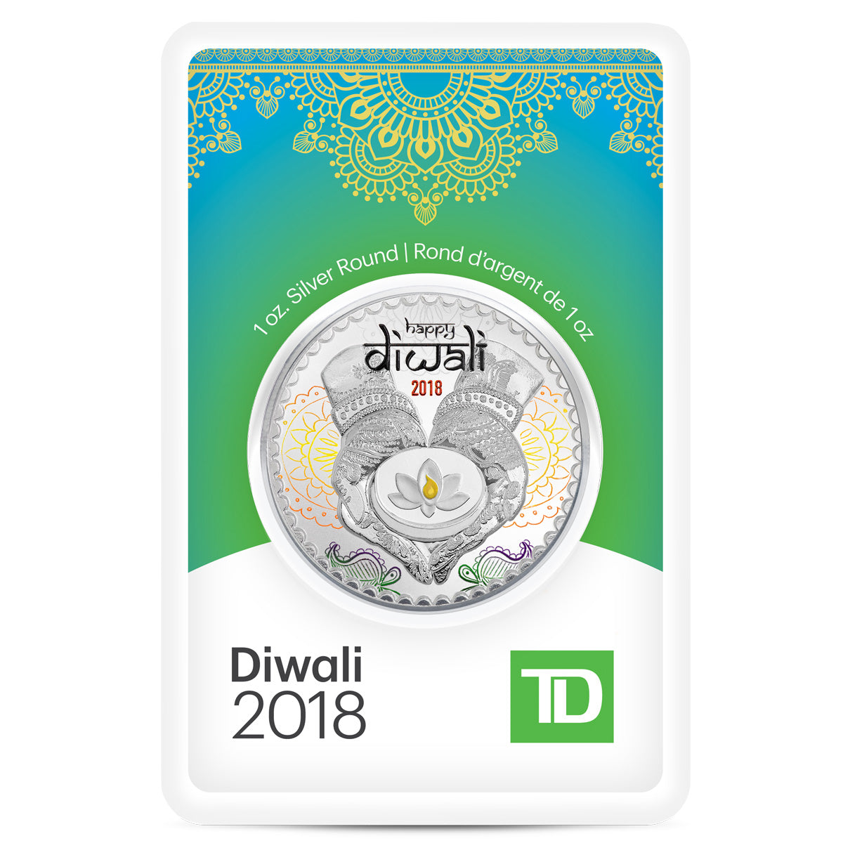 TD Bank 2018 Diwali 1oz Silver Round in Package (No Tax) Rim/Edge Toning