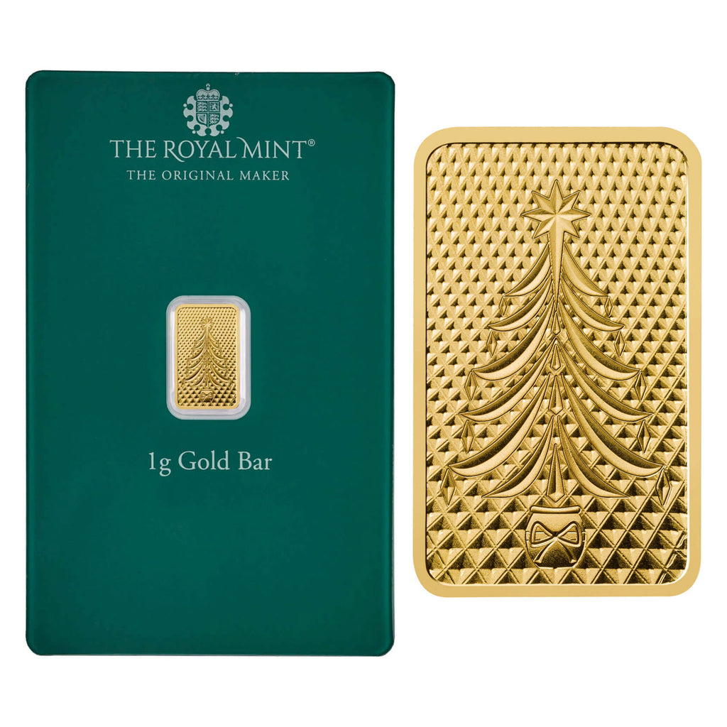 The Royal Mint 1 gram Christmas Tree .9999 Gold Bar in Assay (No Tax)