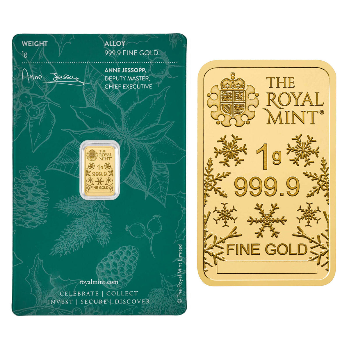The Royal Mint 1 gram Christmas Tree .9999 Gold Bar in Assay (No Tax)