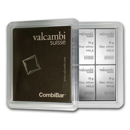 Set of 10x Valcambi 10g Silver Bars, 10pcs Sealed in Holder (No Tax) Flaws