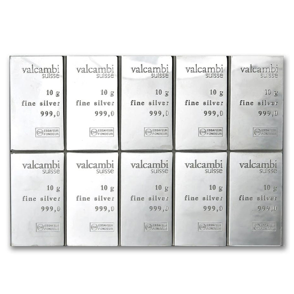 Set of 10x Valcambi 10g Silver Bars, 10pcs Sealed in Holder (No Tax) Flaws