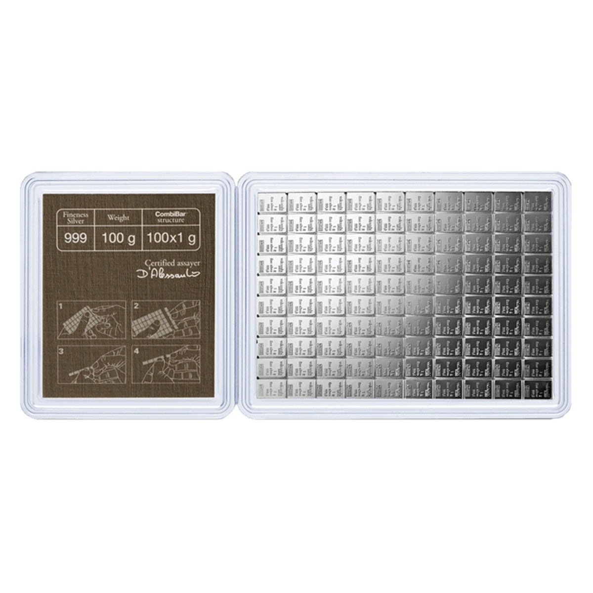 100 x Valcambi CombiBar 1 gram .999 Silver Bars in Holder (No Tax) 100pcs - Holder Scratches
