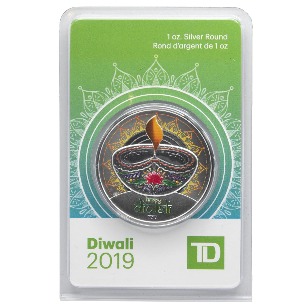 TD Bank 2019 Diwali 1oz Silver Round in Package (No Tax) Rim/Edge toning