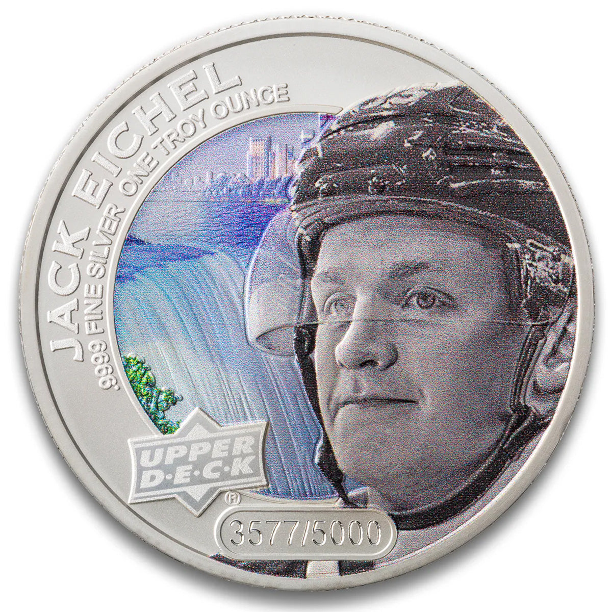 2017 $5 Coloured Upper Deck: Jack Eichel 1oz. Silver (No Tax) Capsule Lightly Scuffed
