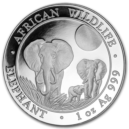 2014 Somalia 100 Shillings African Elephant 1oz .999 Silver (No Tax) White Toning Spots