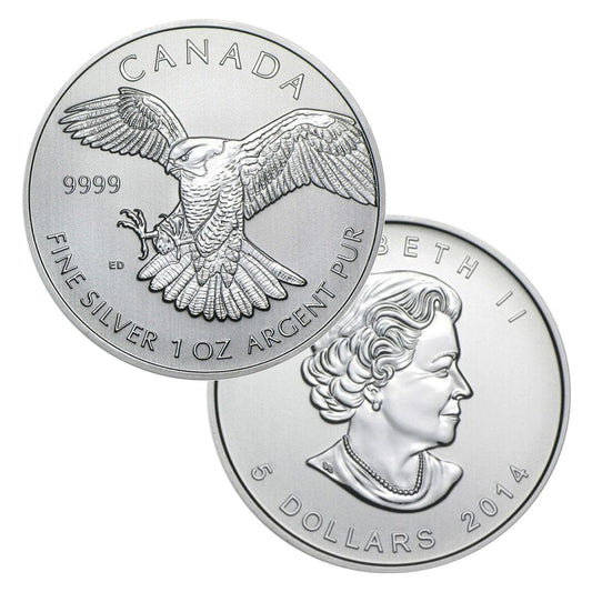2014 Canada $5 Peregrine Falcon 1oz Silver Coin (No Tax) Lightly Toned