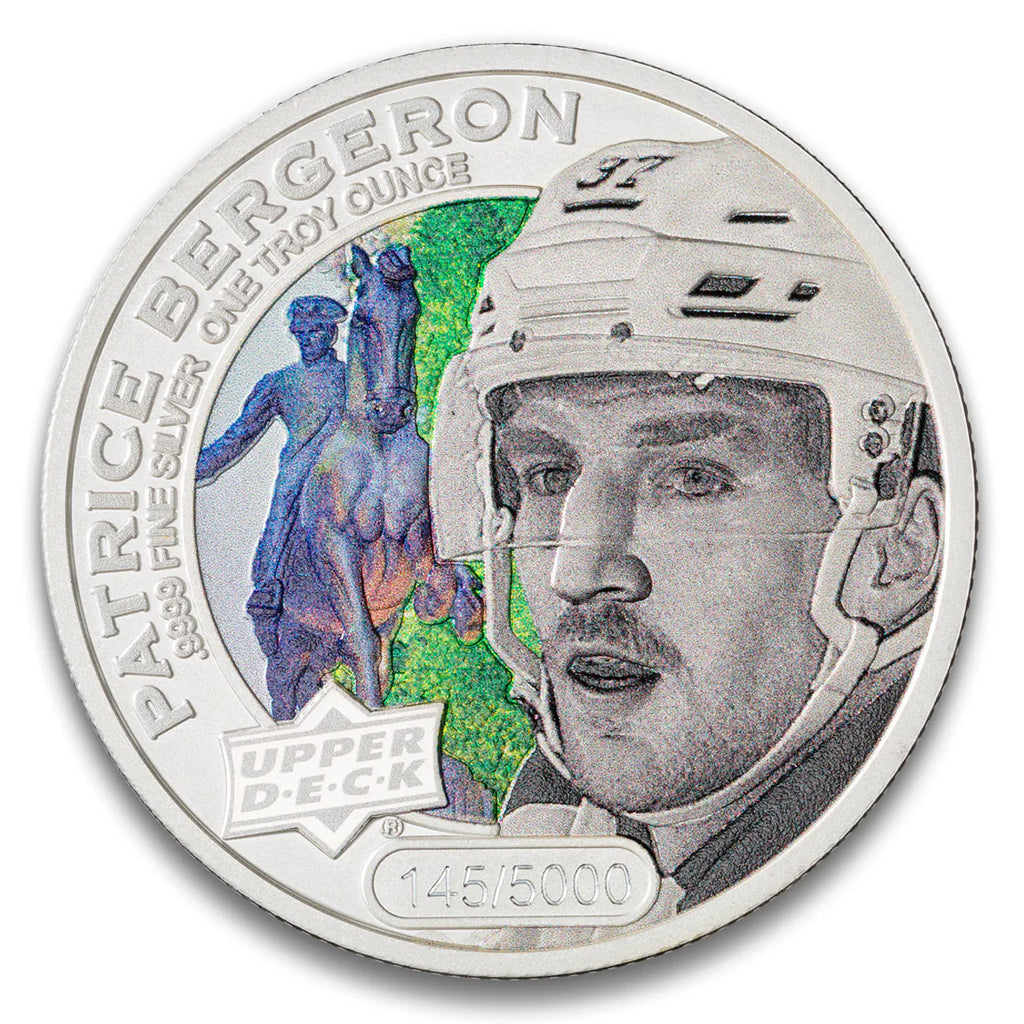 2017 $5 Coloured Upper Deck: Patrice Bergeron 1oz. Silver (No Tax) Toning Spots