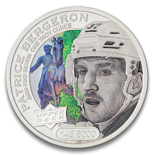 2017 $5 Coloured Upper Deck: Patrice Bergeron 1oz. Silver (No Tax) Toning Spots