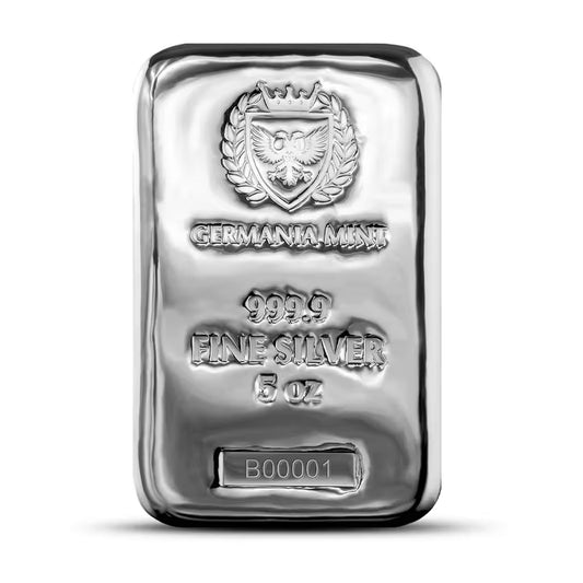 Germania Mint 5oz Silver Cast Bar Sealed w Box (No Tax) Lightly Toned