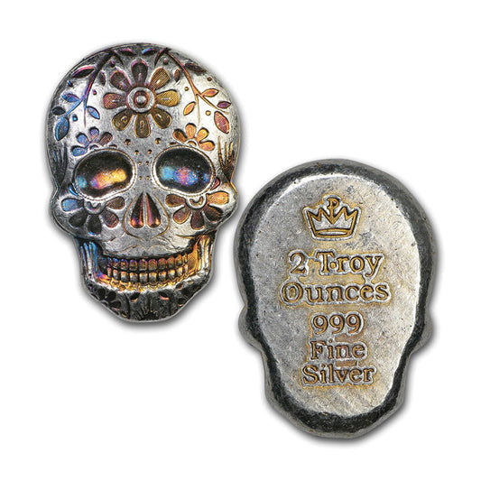 Monarch Day of the Dead 2oz Silver Sugar Skull w Marigold (No Tax) May have Toning